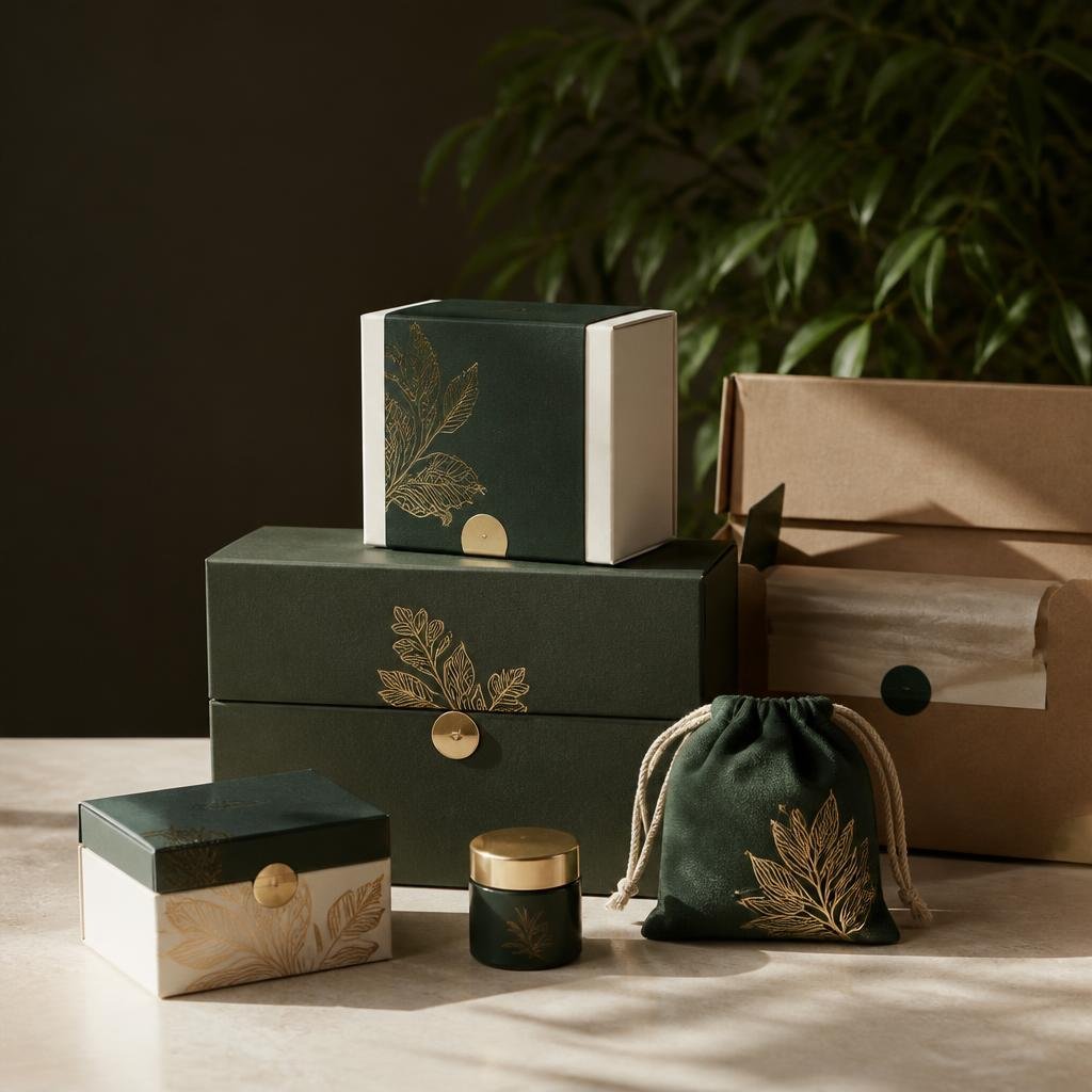Custom rigid boxes, kraft packaging and branded pouches arranged for a premium packaging collection