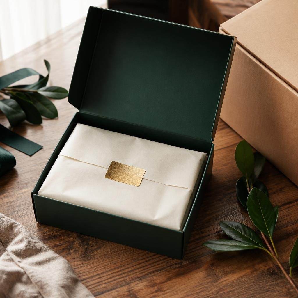 Open forest-green gift box with carefully arranged premium packaging materials